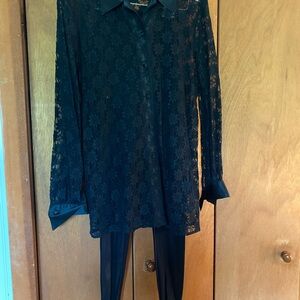 Liz Claiborne Black Lace Button Down Shirt with stirrup leggings.